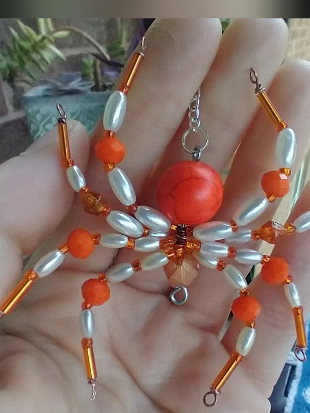 Handmade Orange & White Beaded Spider Pendant
